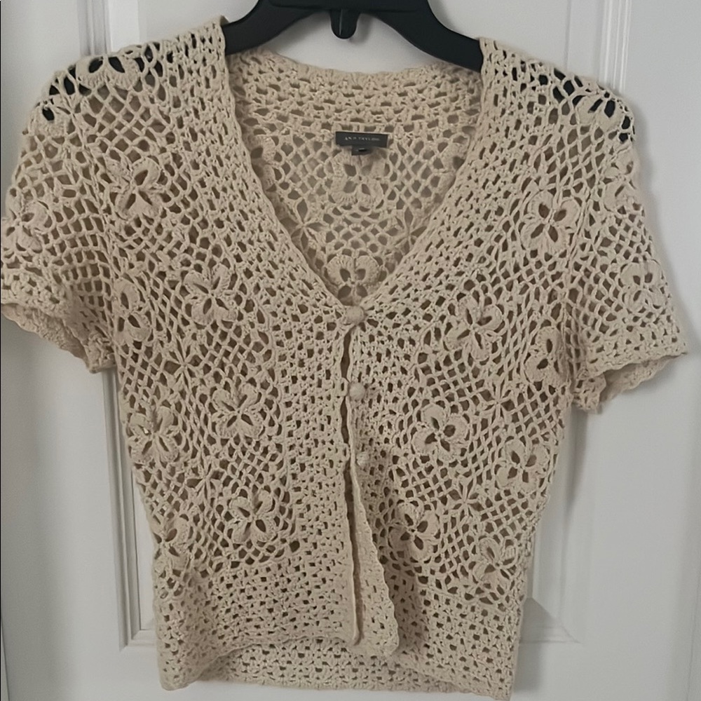 Ann Taylor Cream Crochet Short Sleeve Cardigan